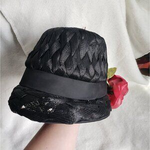 Black Vintage Cloche Hat with Large Pink Roses Woven Raffia
